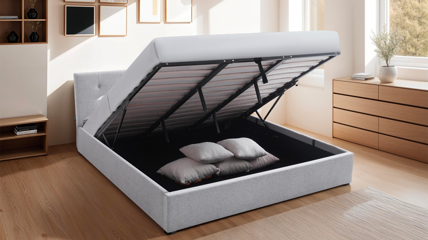 Ensemble Lit coffre adulte 180x200cm avec tête de lit en tissu gris - Tina + Matelas mémoire de forme - Dual Confort