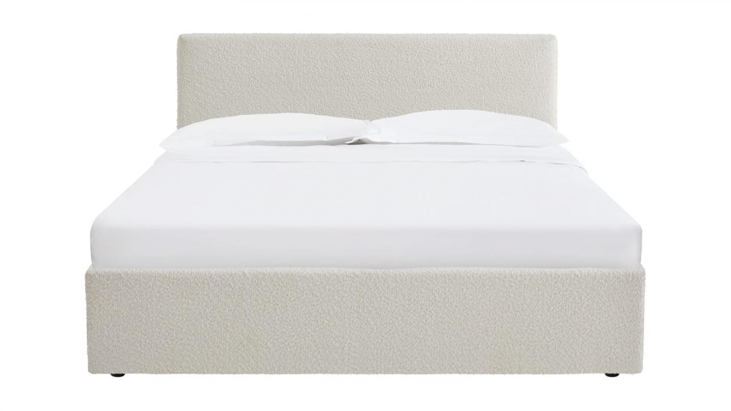 Ensemble Lit coffre adulte 140x190cm avec tête de lit en tissu bouclé beige - Tina + Matelas ressorts ensachés - Spring Elite