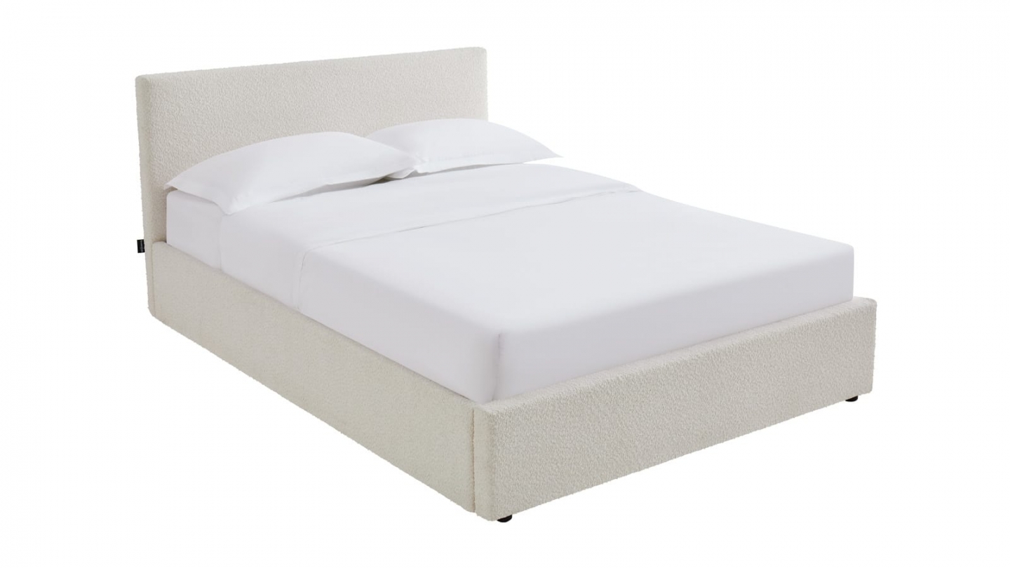 Ensemble Lit coffre adulte 140x190cm avec tête de lit en tissu bouclé beige - Tina + Matelas ressorts ensachés - Spring Elite
