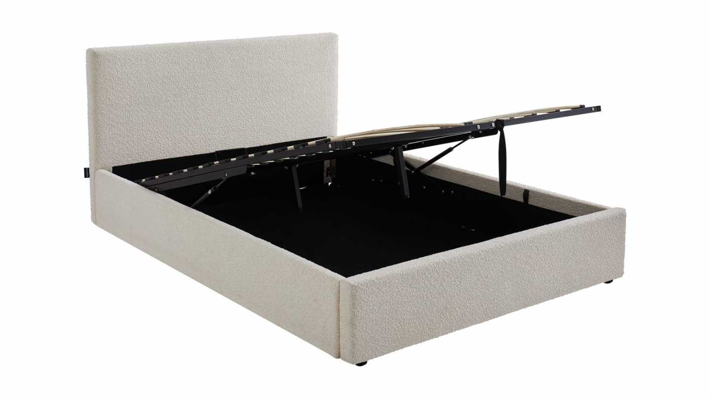 Ensemble Lit coffre adulte 160x200cm avec tête de lit en tissu bouclé beige - Tina + Matelas ressorts ensachés - Spring Elite