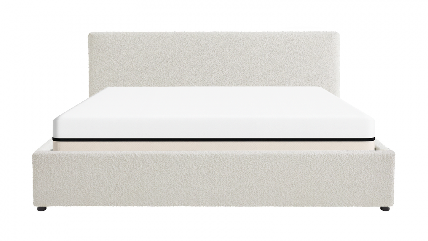Ensemble Lit coffre adulte 180x200cm avec tête de lit en tissu bouclé beige - Tina + Matelas ressorts ensachés - Spring Elite Ensemble Lit coffre adulte 180x200cm avec tête de lit en tissu bouclé beige - Tina + Matelas ressorts ensachés - Spring Elite