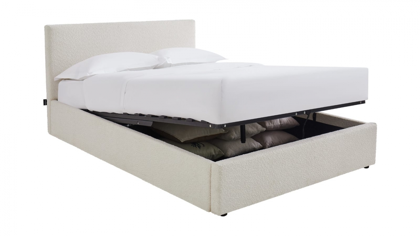 Ensemble Lit coffre adulte 140x190cm avec tête de lit en tissu bouclé beige - Tina + Matelas mémoire de forme - Dual Confort Ensemble Lit coffre adulte 140x190cm avec tête de lit en tissu bouclé beige - Tina + Matelas mémoire de forme - Dual Confort