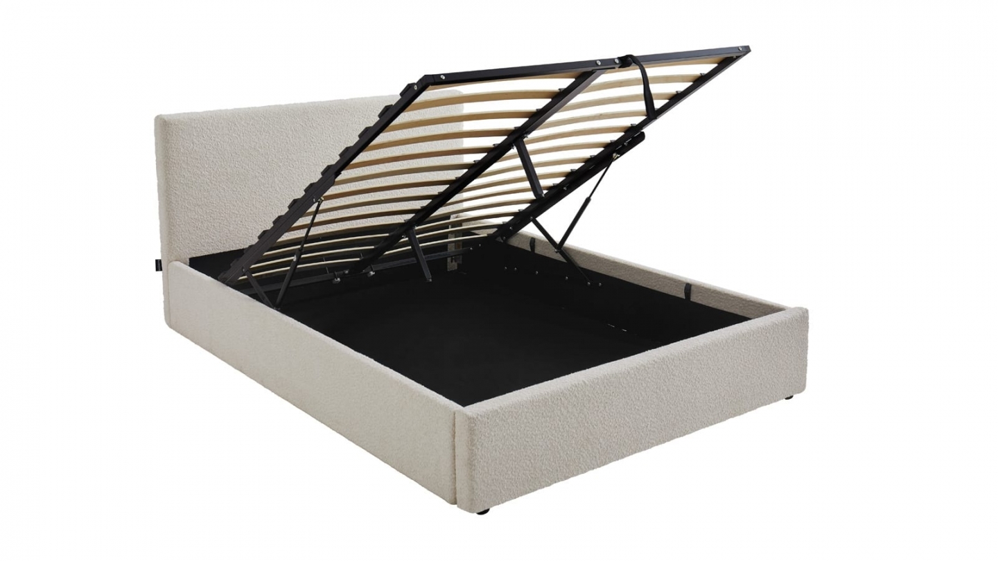 Ensemble Lit coffre adulte 140x190cm avec tête de lit en tissu bouclé beige - Tina + Matelas mémoire de forme - Dual Confort Ensemble Lit coffre adulte 140x190cm avec tête de lit en tissu bouclé beige - Tina + Matelas mémoire de forme - Dual Confort