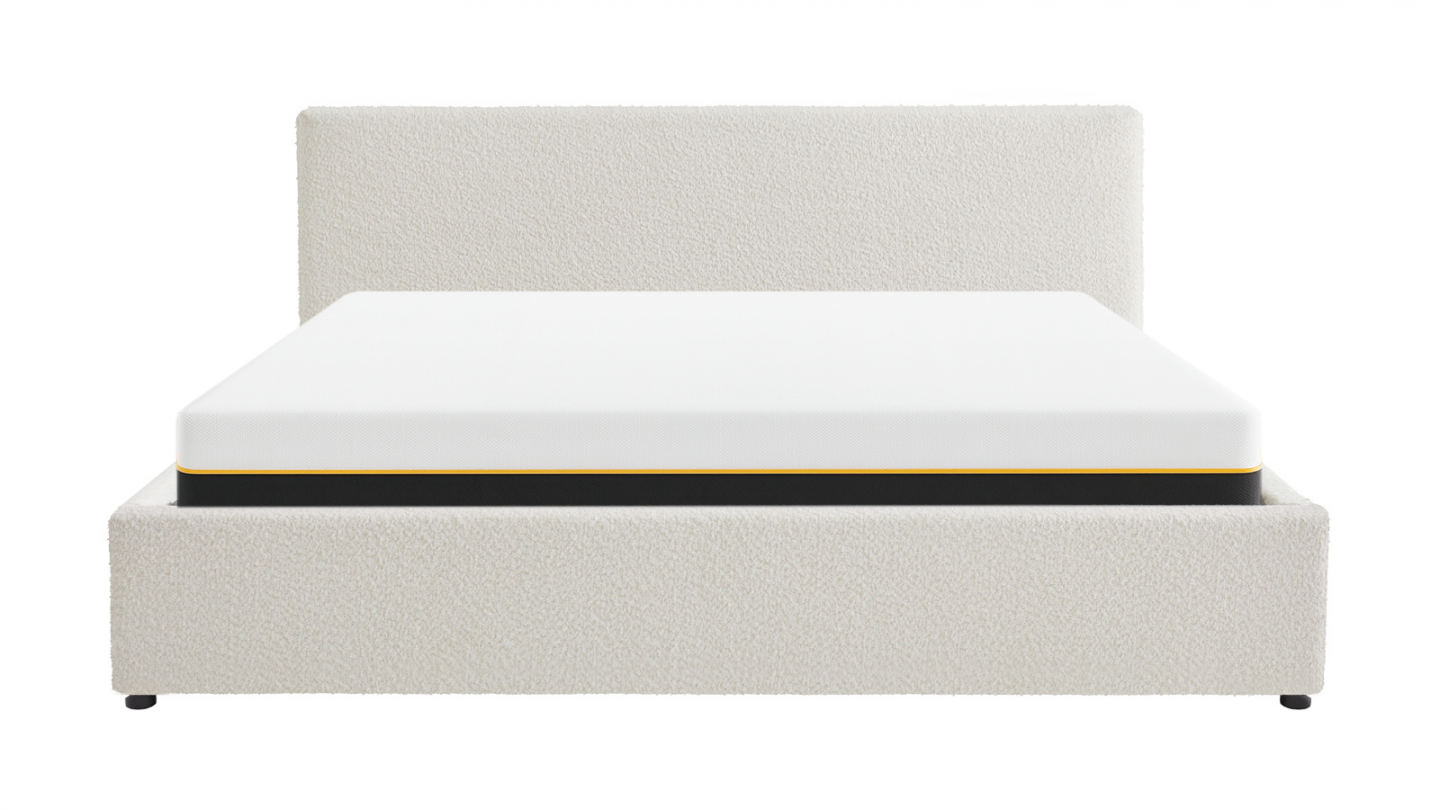 Ensemble Lit coffre adulte 180x200cm avec tête de lit en tissu bouclé beige - Tina + Matelas mémoire de forme - Dual Confort