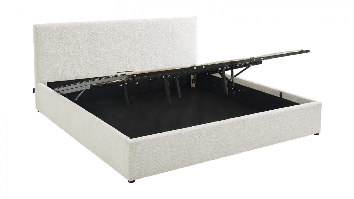 Ensemble Lit coffre adulte 180x200cm avec tête de lit en tissu bouclé beige - Tina + Matelas mémoire de forme - Dual Confort