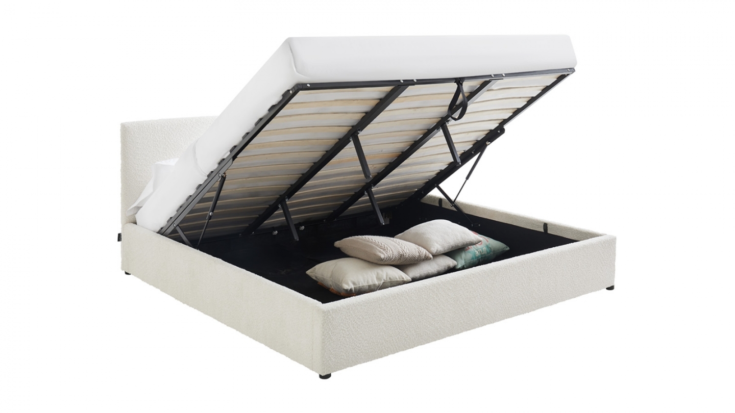 Ensemble Lit coffre adulte 180x200cm avec tête de lit en tissu bouclé beige - Tina + Matelas mémoire de forme - Dual Confort