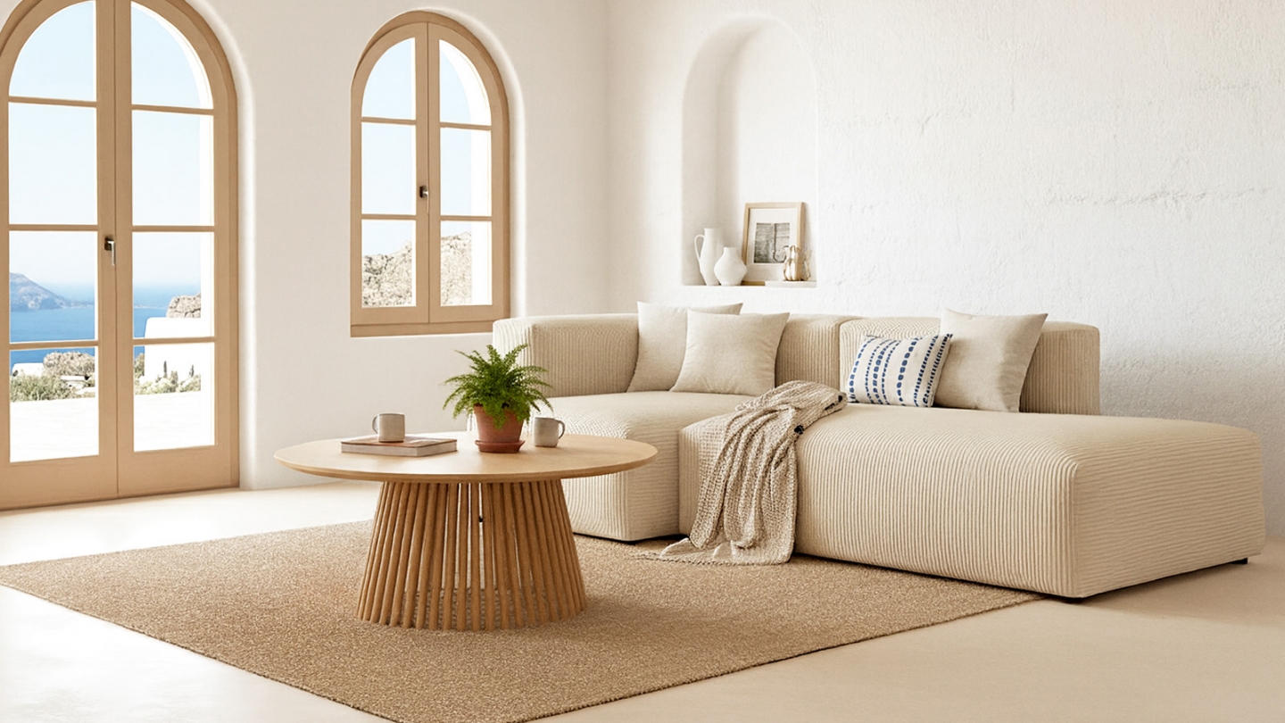 Canapé d'angle à gauche modulable avec méridienne 3/4 places en velours côtelé beige - Modulo