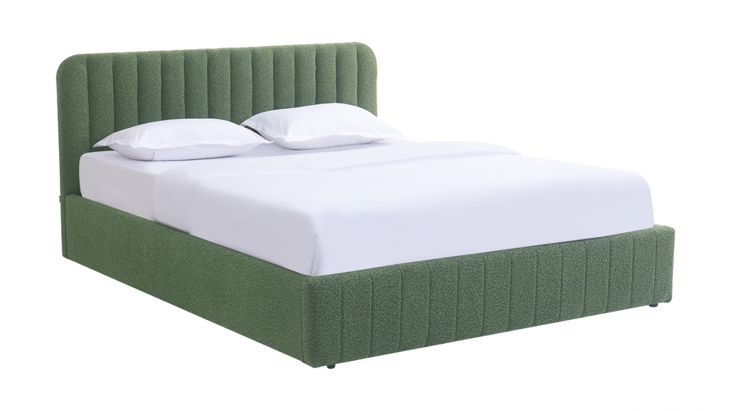 Lit coffre adulte 160x200 cm avec tête de lit capitonnée en tissu bouclé vert - Ava