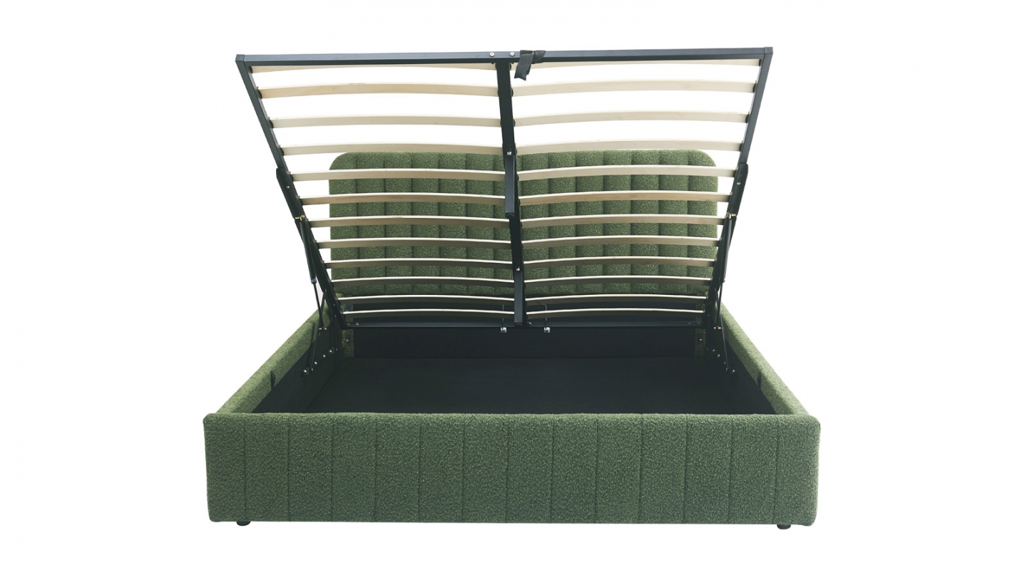 Lit coffre adulte 160x200 cm avec tête de lit capitonnée en tissu bouclé vert - Ava