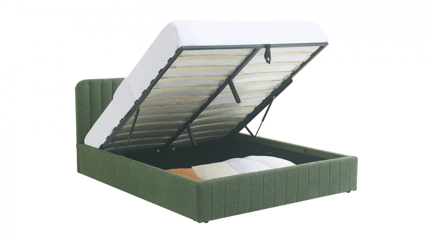 Lit coffre adulte 140x190 cm avec tête de lit capitonnée en tissu bouclé vert - Ava