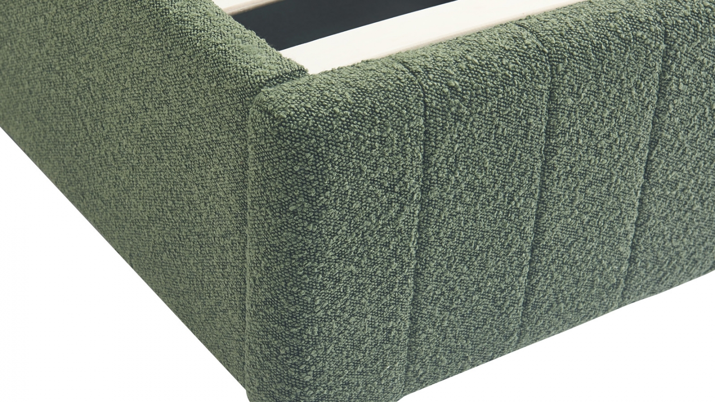 Lit coffre adulte 140x190 cm avec tête de lit capitonnée en tissu bouclé vert - Ava