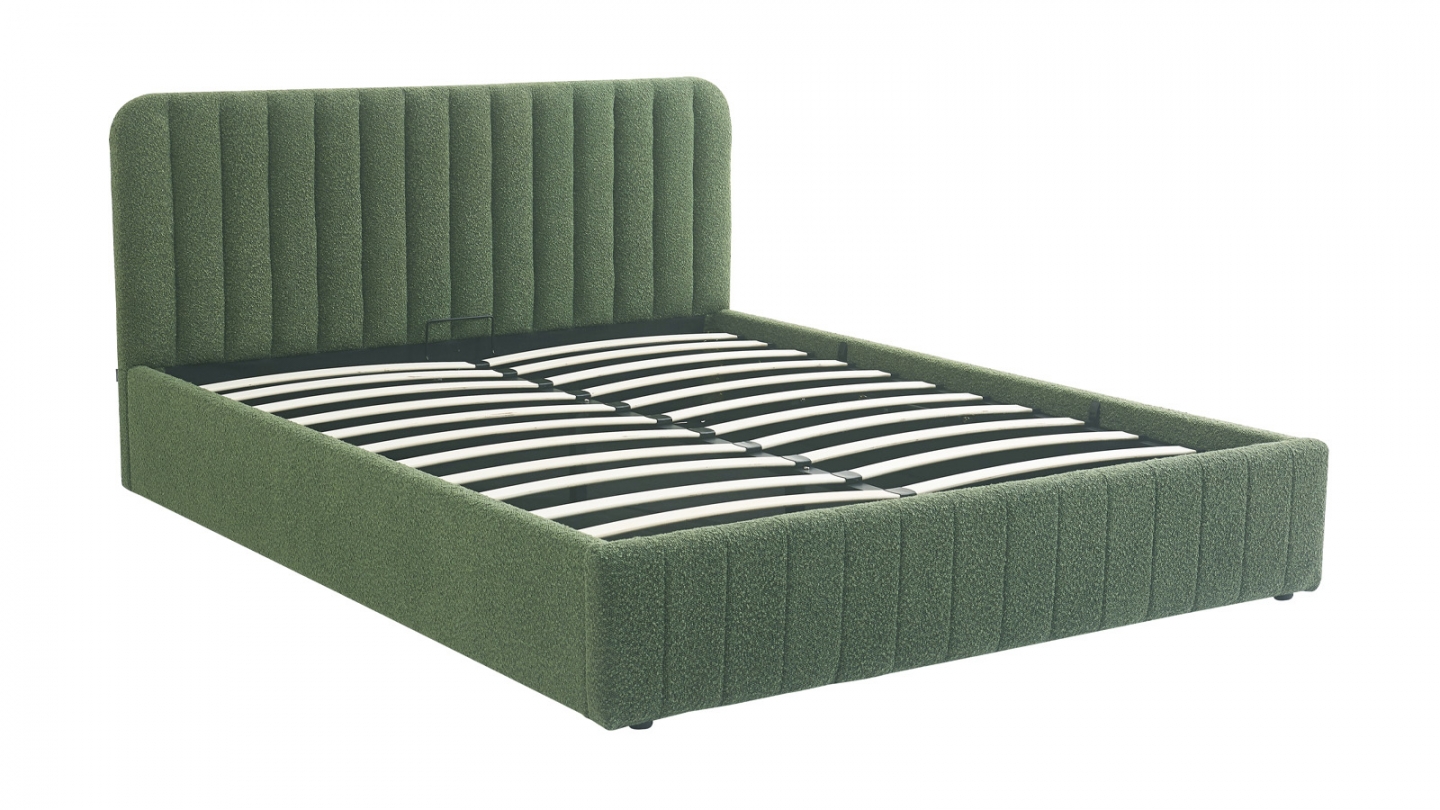 Lit coffre adulte 140x190 cm avec tête de lit capitonnée en tissu bouclé vert - Ava