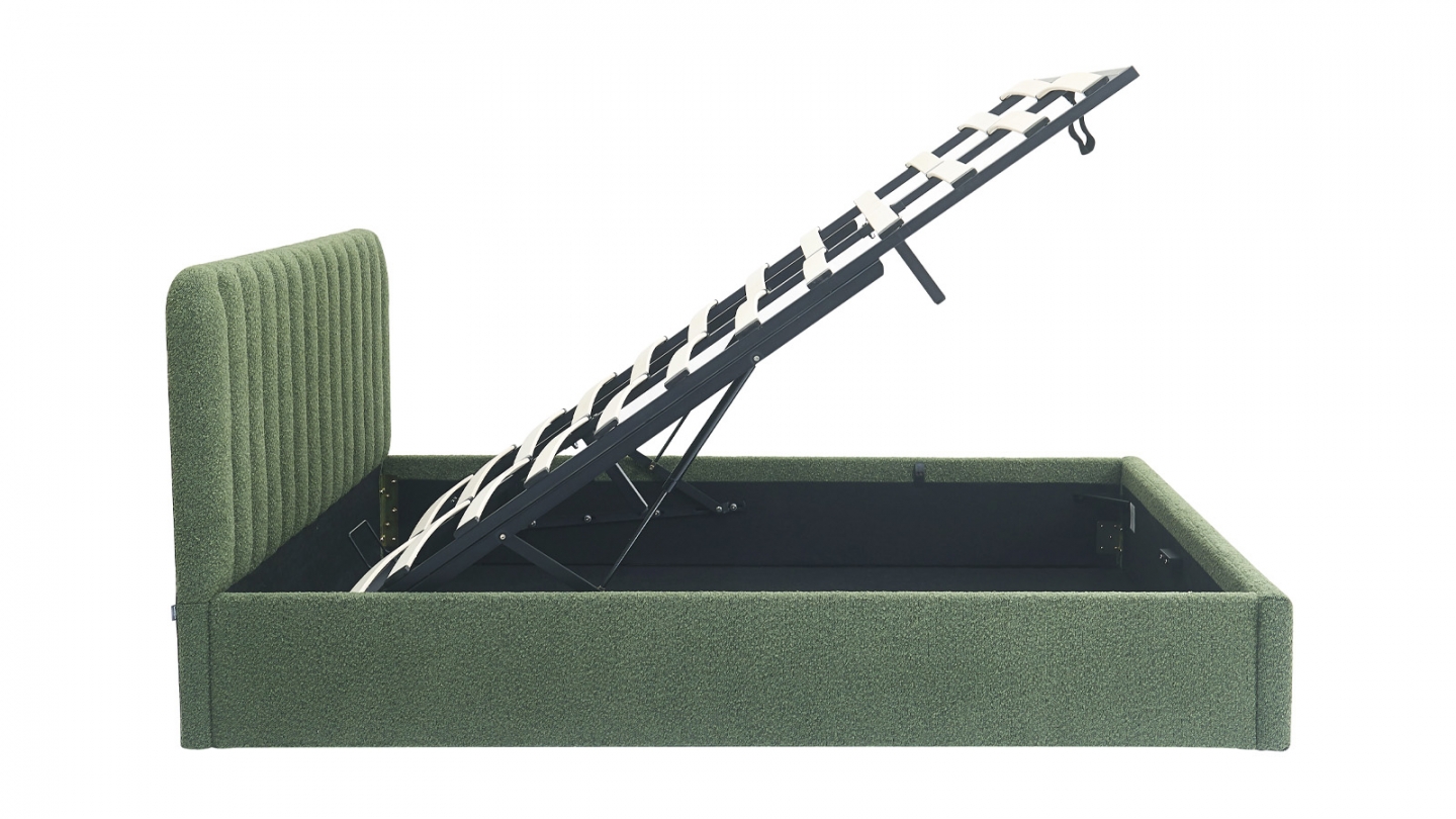 Lit coffre adulte 140x190 cm avec tête de lit capitonnée en tissu bouclé vert - Ava