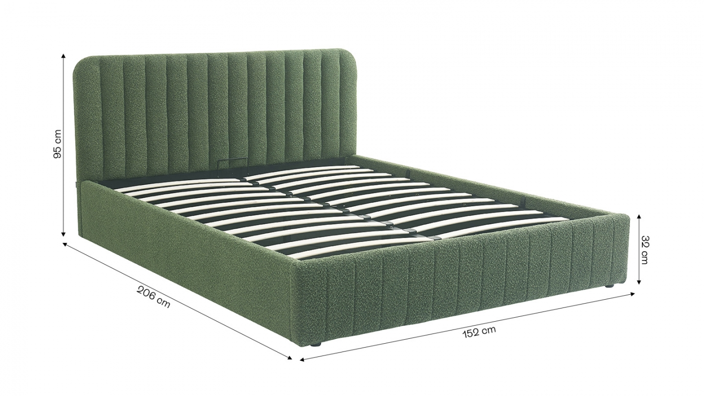 Lit coffre adulte 140x190 cm avec tête de lit capitonnée en tissu bouclé vert - Ava