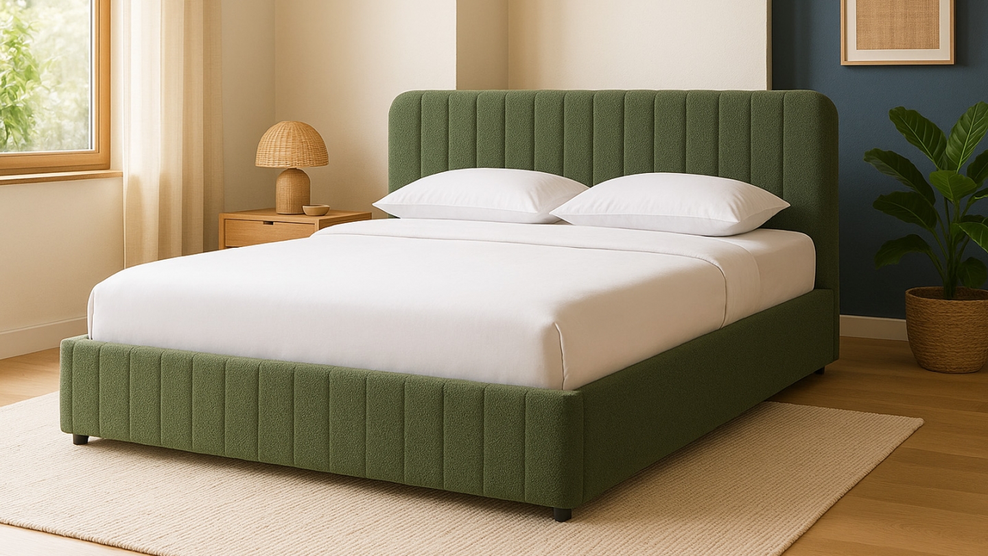 Lit coffre adulte 180x200 cm avec tête de lit capitonnée en tissu bouclé vert - Ava