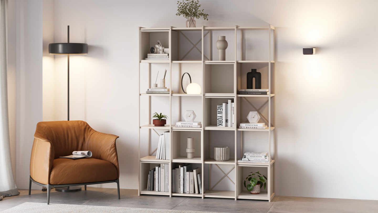 Bibliothèque 5 niveaux en métal beige et décor bois 140 cm - Elie