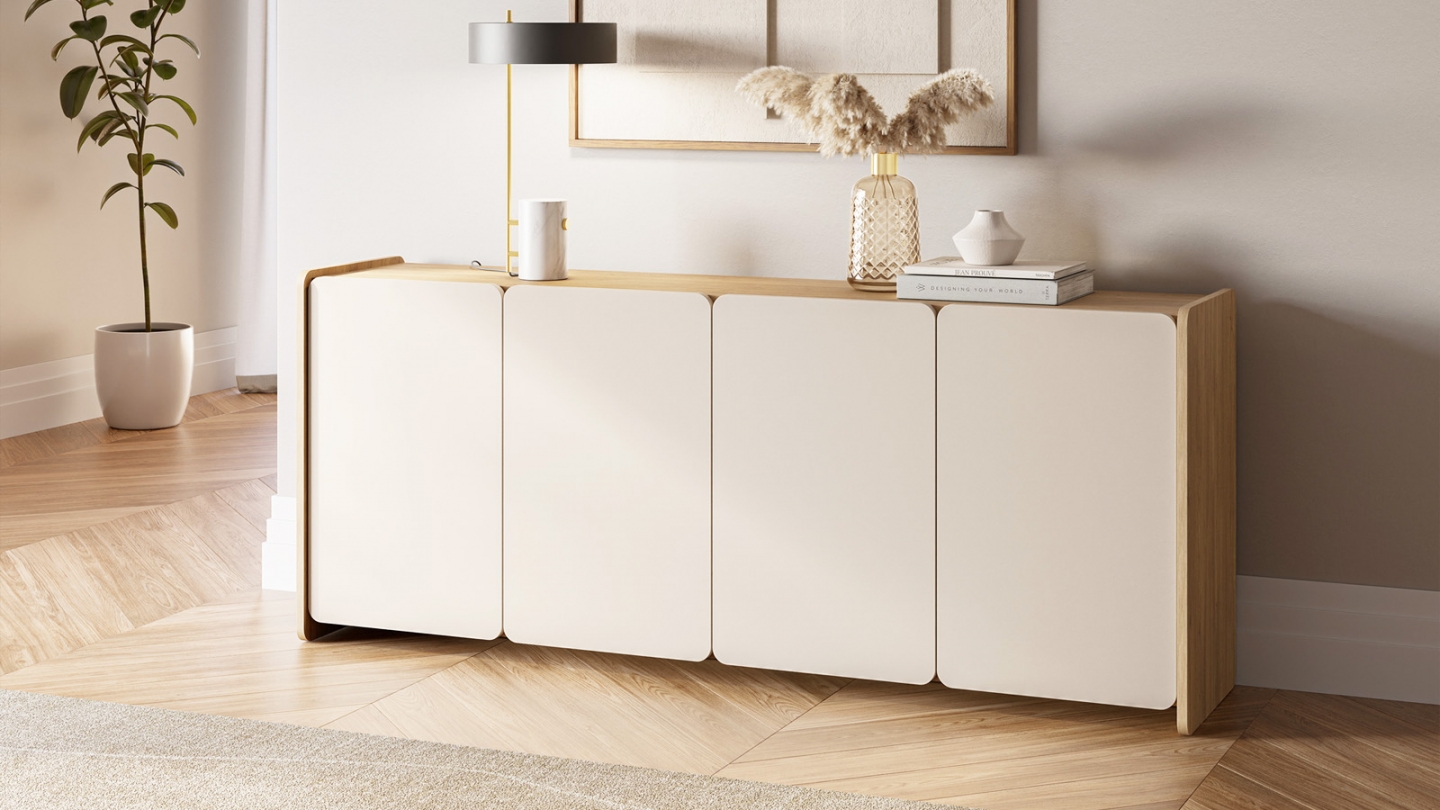 Buffet 4 portes beige et décor chêne 180 cm - Sami