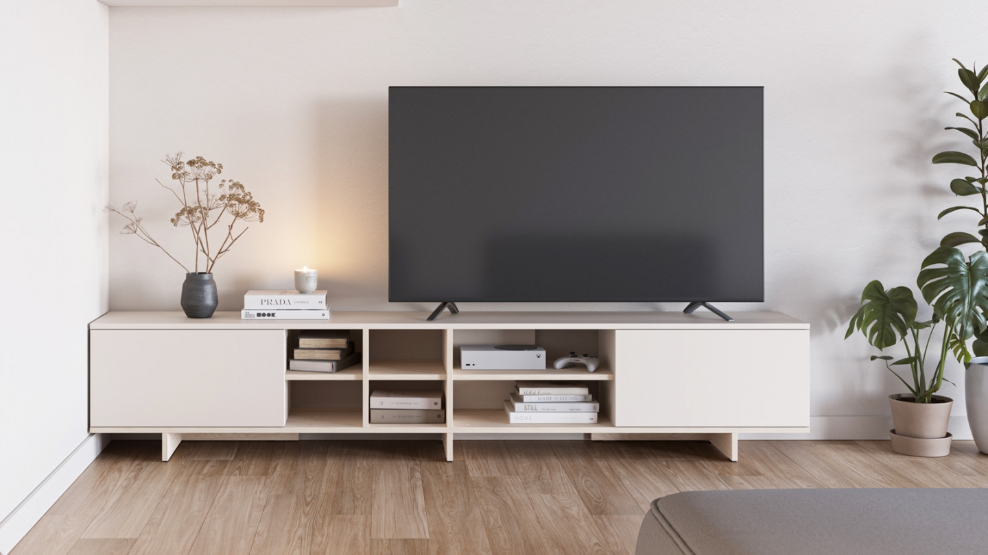 Meuble TV 2 portes beige et décor chêne clair 230 cm - Alicia