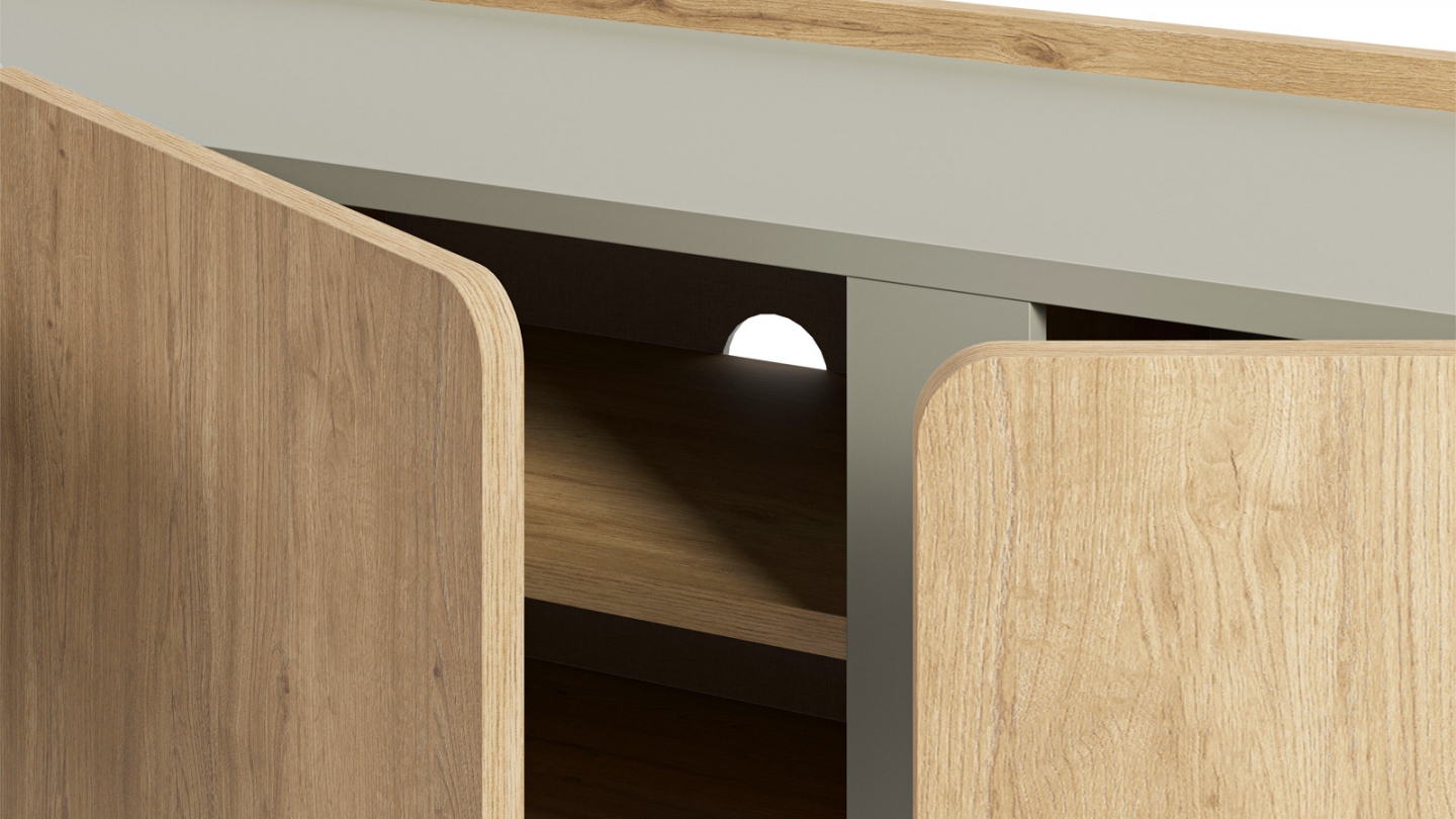 Meuble TV 3 portes décor chêne et vert 140 cm - Ingo