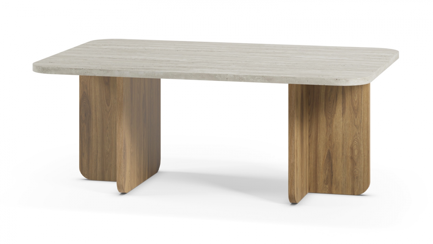 Table basse décor travertin et piètement couleur chêne 100 cm - Mina