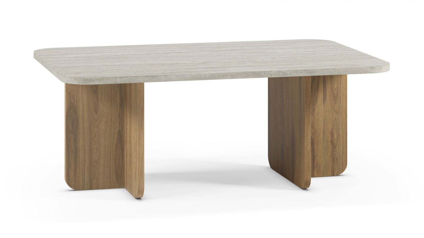 Table basse décor travertin et piètement couleur chêne 100 cm - Mina