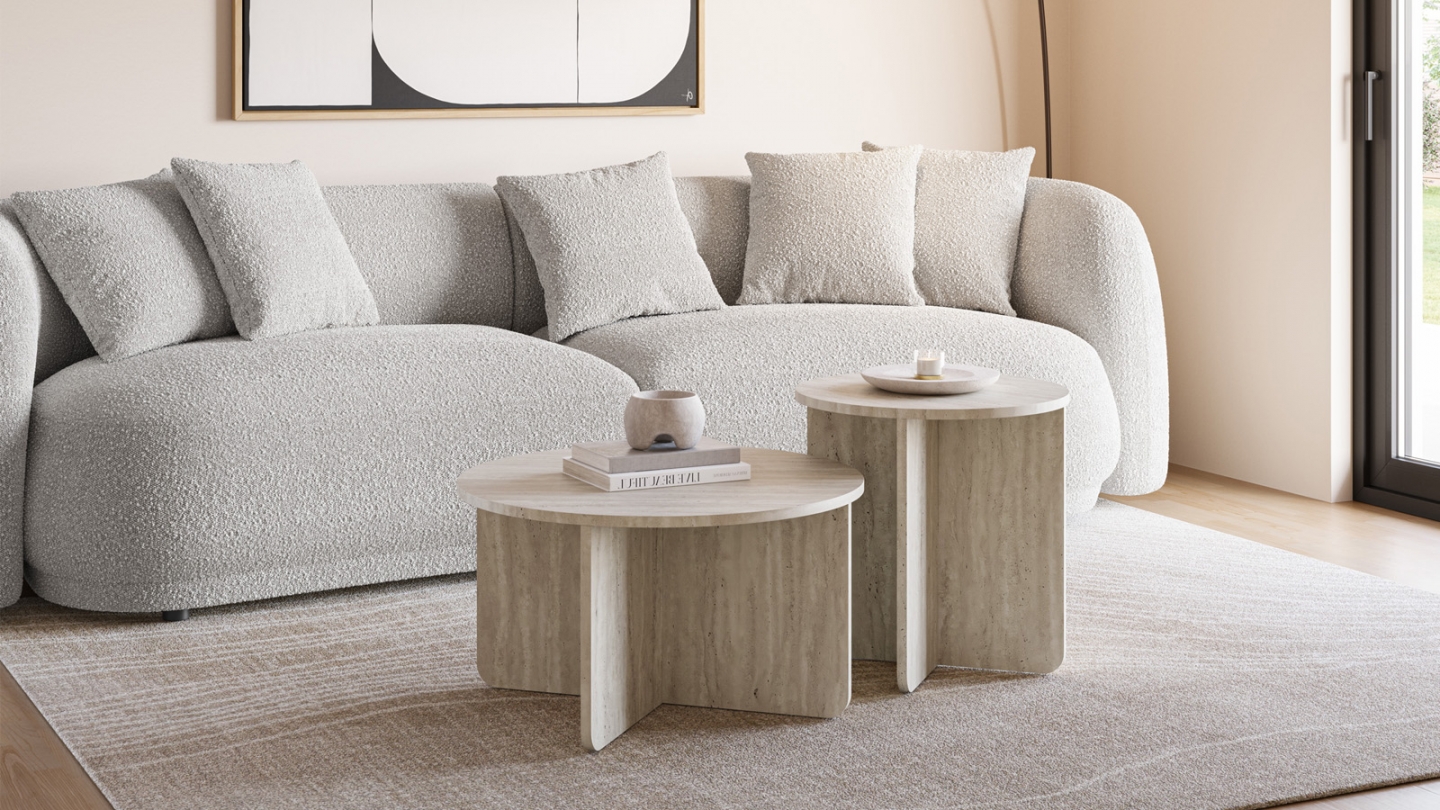 Set de 2 tables basses rondes décor travertin - Mina