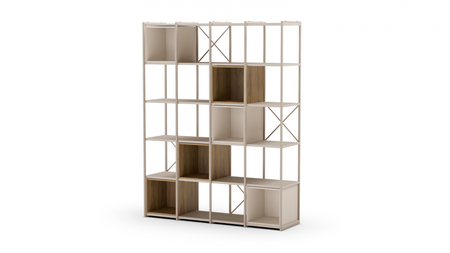 Bibliothèque 5 niveaux en métal beige et décor bois 140 cm - Elie