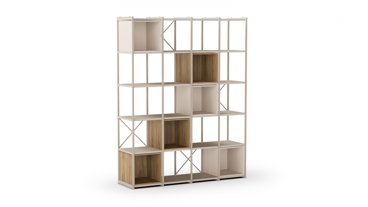 Bibliothèque 5 niveaux en métal beige et décor bois 140 cm - Elie