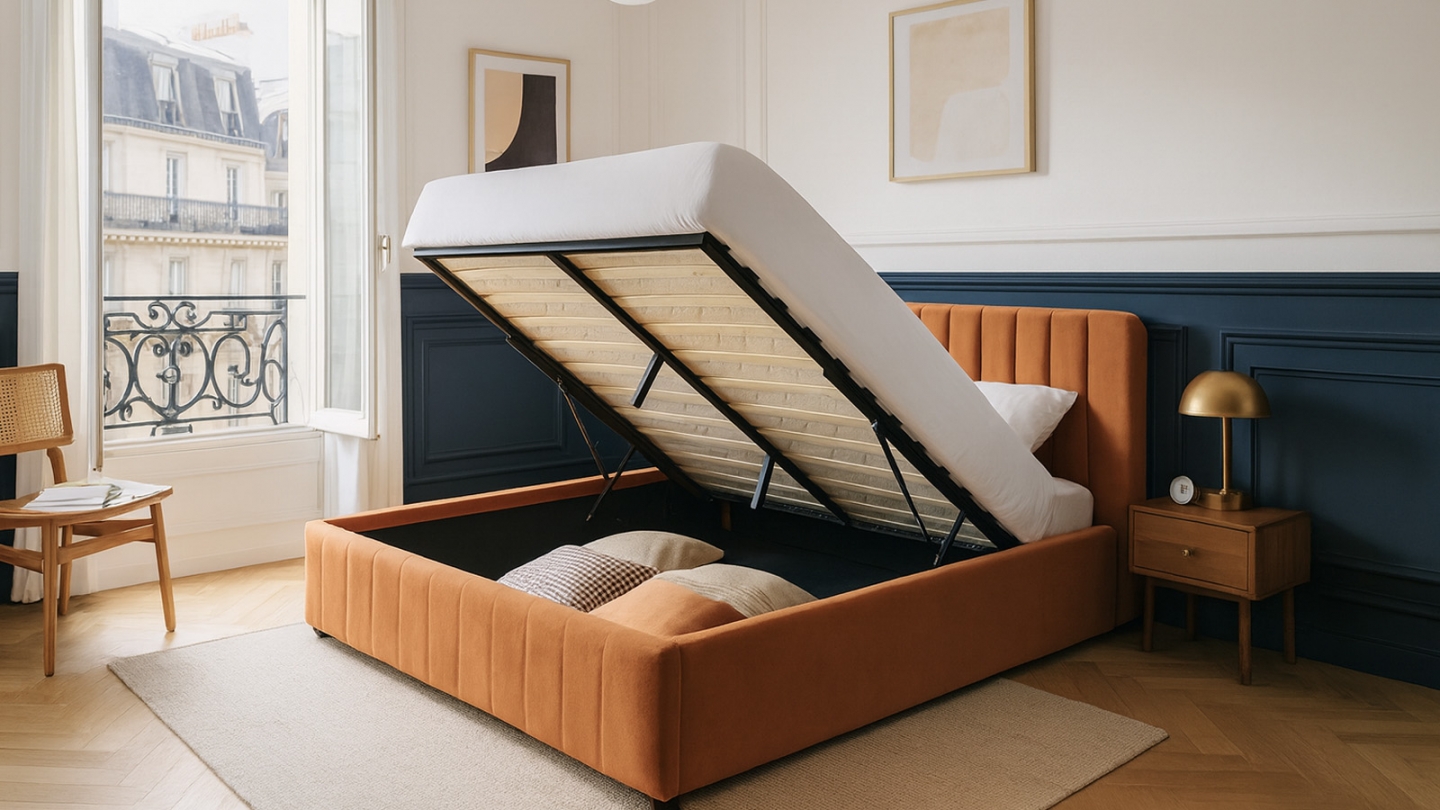 Lit coffre adulte 180x200 cm avec tête de lit capitonnée en velours terracotta - Ava Lit coffre adulte 180x200 cm avec tête de lit capitonnée en velours terracotta - Ava
