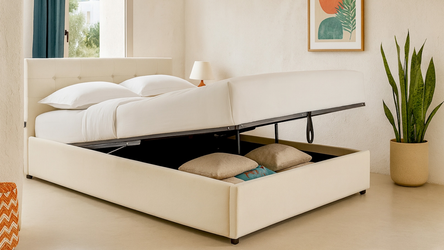 Lit coffre adulte 160x200 cm avec tête de lit capitonnée en velours beige et sommier - Tina Lit coffre adulte 160x200 cm avec tête de lit capitonnée en velours beige et sommier - Tina