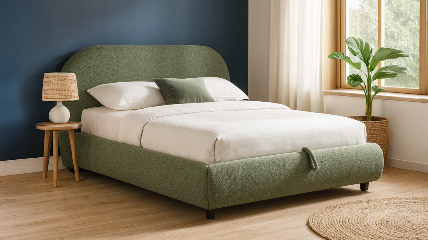 Lit coffre 160x200 cm avec tête de lit matelassée en tissu bouclé vert kaki - Madisson