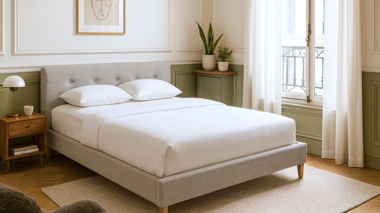 Lit adulte 140x190 cm avec tête de lit capitonnée en tissu gris chiné - Milo