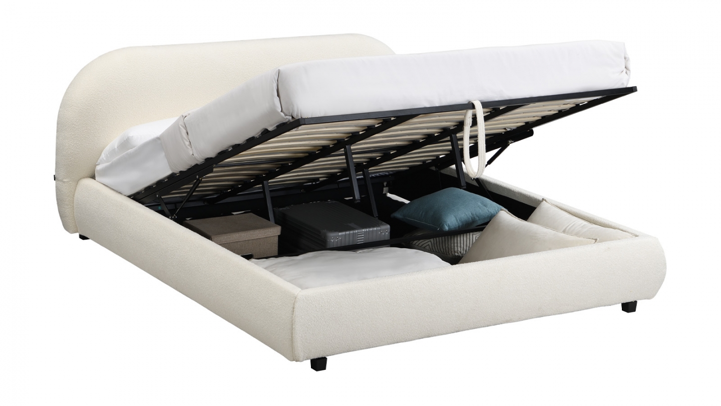 Lit coffre 180x200 cm avec tête de lit matelassée en tissu bouclé beige - Madisson