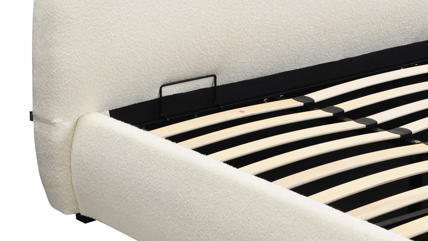 Lit coffre 180x200 cm avec tête de lit matelassée en tissu bouclé beige - Madisson