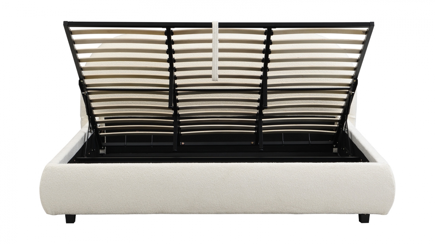 Lit coffre 180x200 cm avec tête de lit matelassée en tissu bouclé beige - Madisson