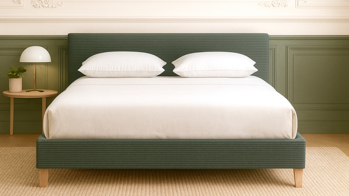 Lit adulte 140x190 cm avec tête de lit capitonnée en velours côtelé vert kaki - Milo