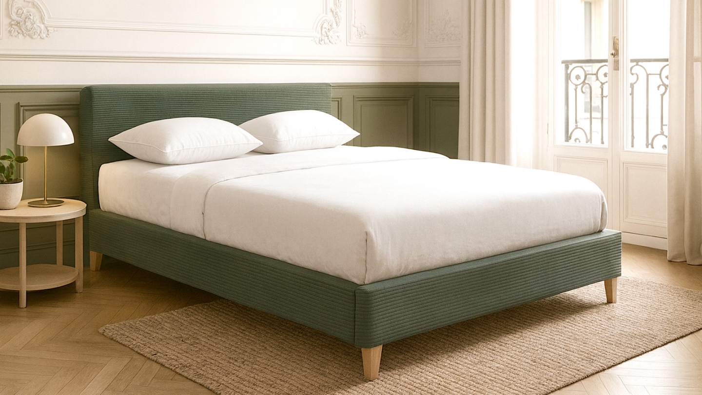 Lit adulte 160x200 cm avec tête de lit capitonnée en velours côtelé vert kaki - Milo