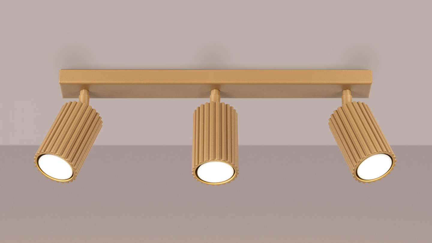 Plafonnier linéaire en aluminium cannelé 3 ampoules or - Karbon Plafonnier linéaire en aluminium cannelé 3 ampoules or - Karbon