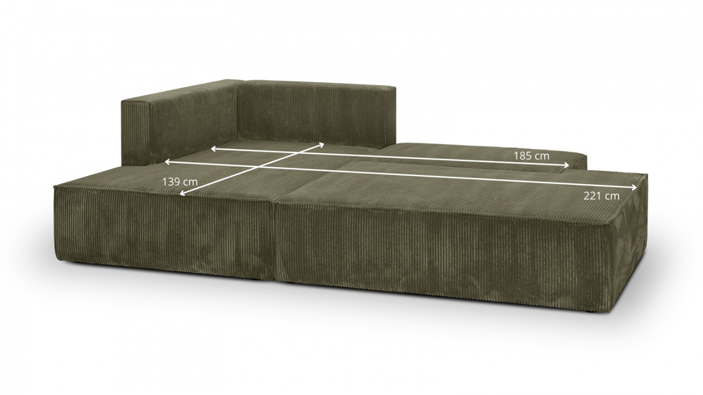 Canapé d'angle à gauche convertible 3 places avec coffre de rangement en velours côtelé vert kaki - Barani