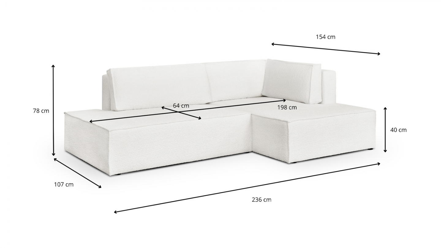 Canapé d'angle à droite convertible 3 places avec coffre de rangement en tissu bouclé écru - Barani