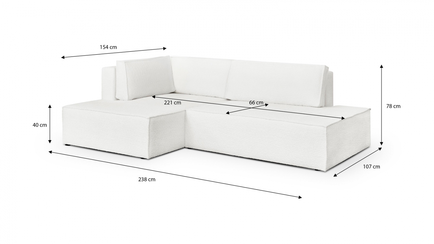 Canapé d'angle à gauche convertible 3 places avec coffre de rangement en tissu bouclé écru - Barani