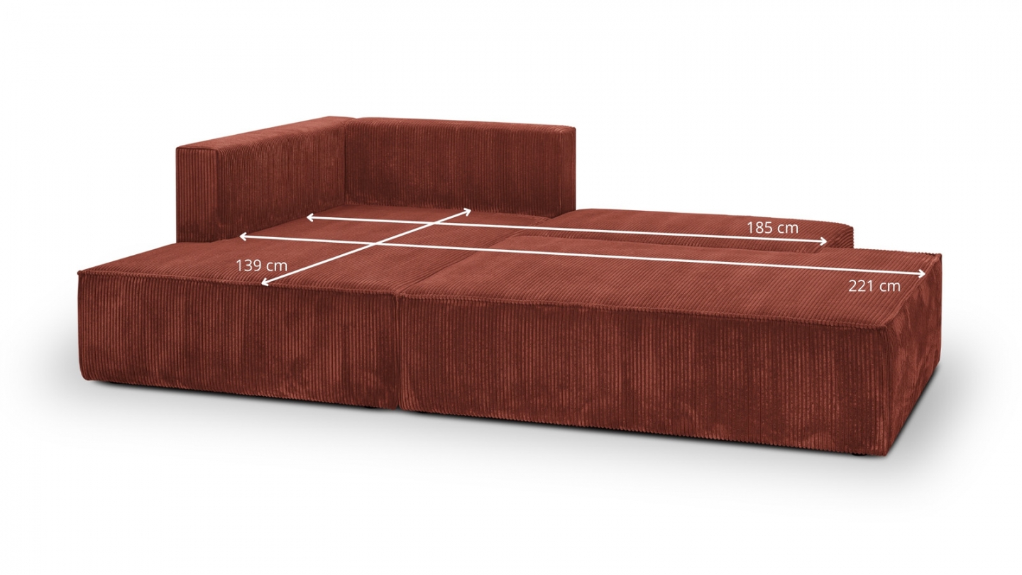 Canapé d'angle à gauche convertible 3 places avec coffre de rangement en velours côtelé rouille - Barani