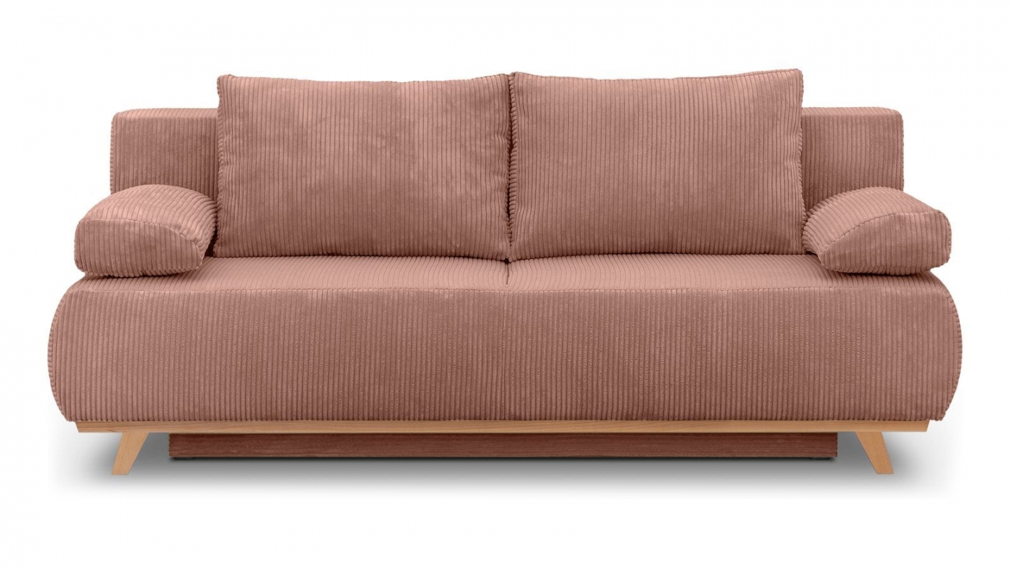 Canapé convertible 3 places avec coffre de rangement en velours côtelé rose pâle - Laria New
