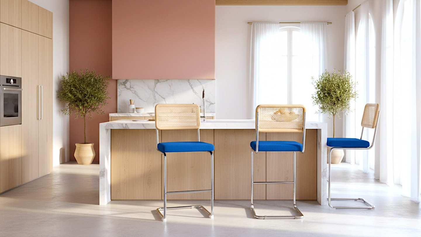 Lot de 2 tabourets de bar en velours côtelé bleu électrique et cannage - Muse Lot de 2 tabourets de bar en velours côtelé bleu électrique et cannage - Muse