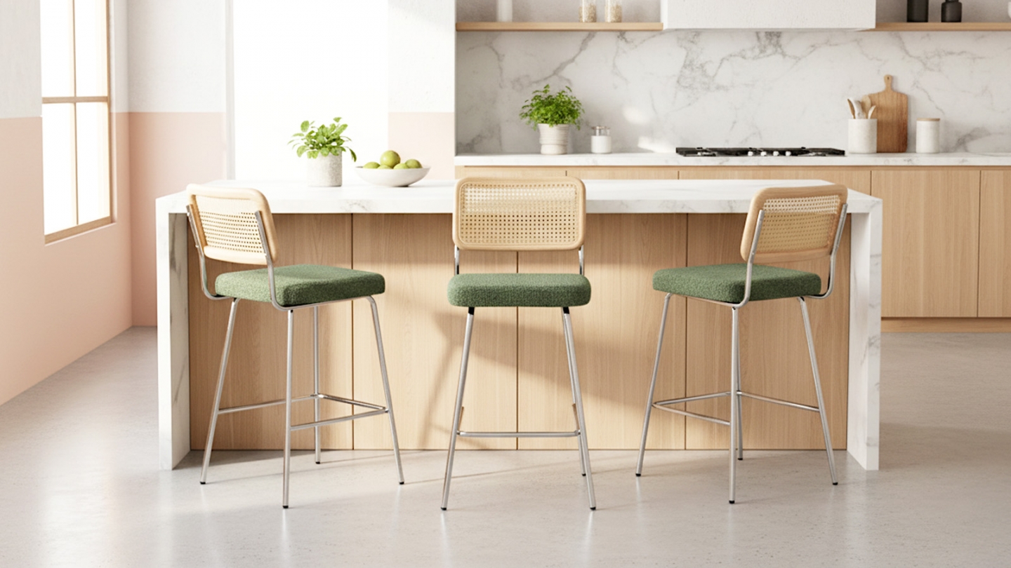 Lot de 2 chaises de bar en cannage et tissu bouclé vert, piètement chromé - Muse