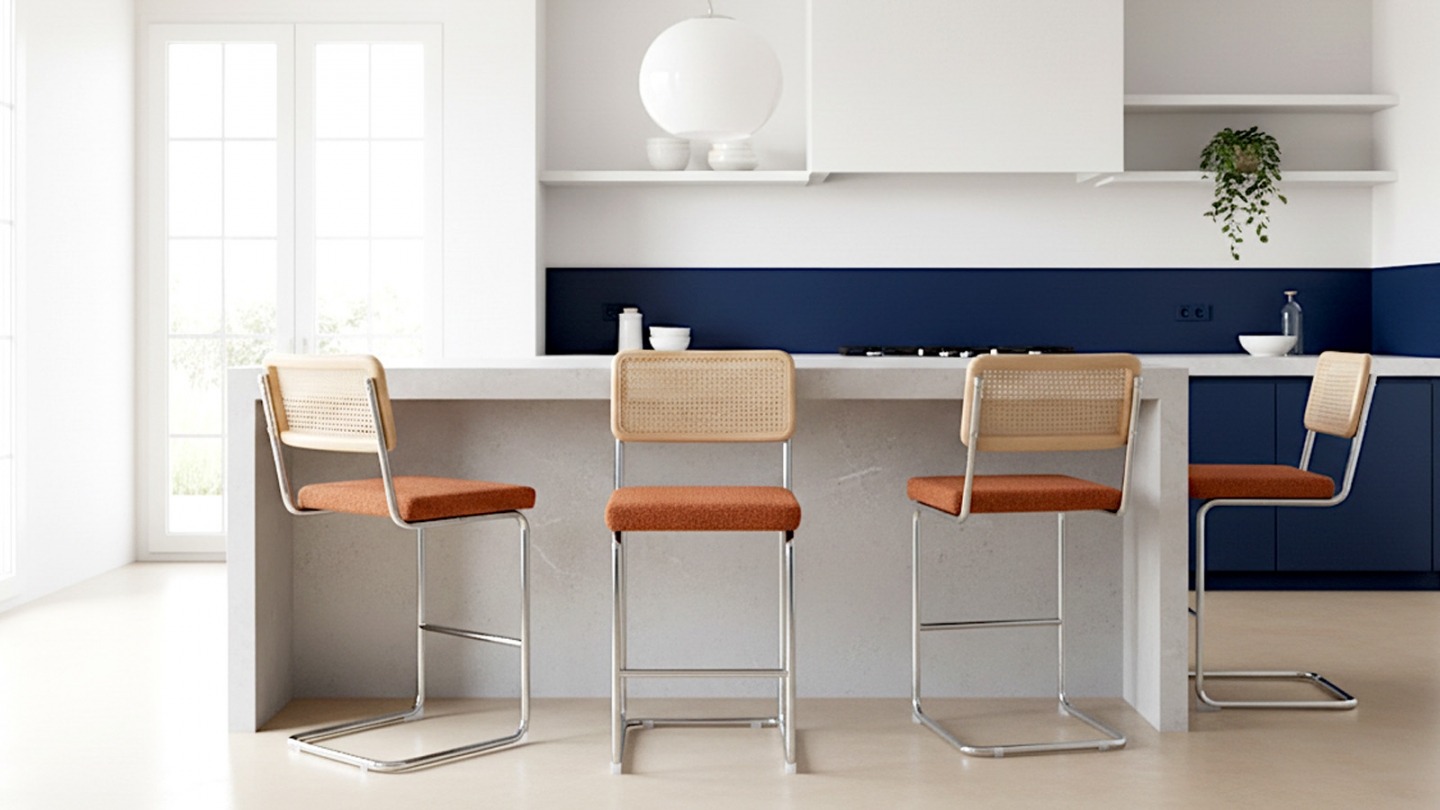 Lot de 2 tabourets de bar en tissu bouclé rouille et cannage - Muse Lot de 2 tabourets de bar en tissu bouclé rouille et cannage - Muse