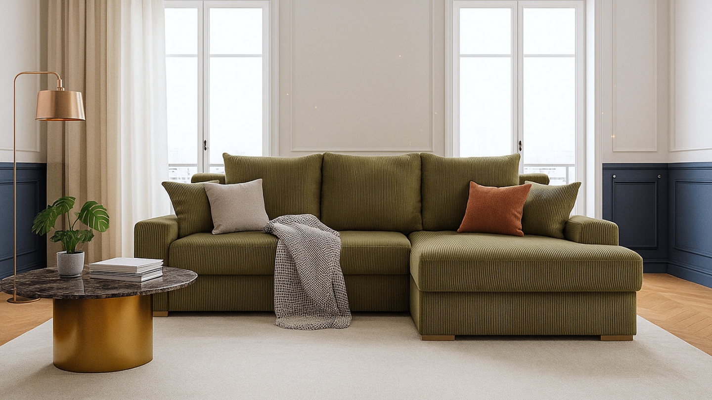 Canapé d'angle à droite convertible 3/4 places en velours côtelé vert kaki - Nyssa