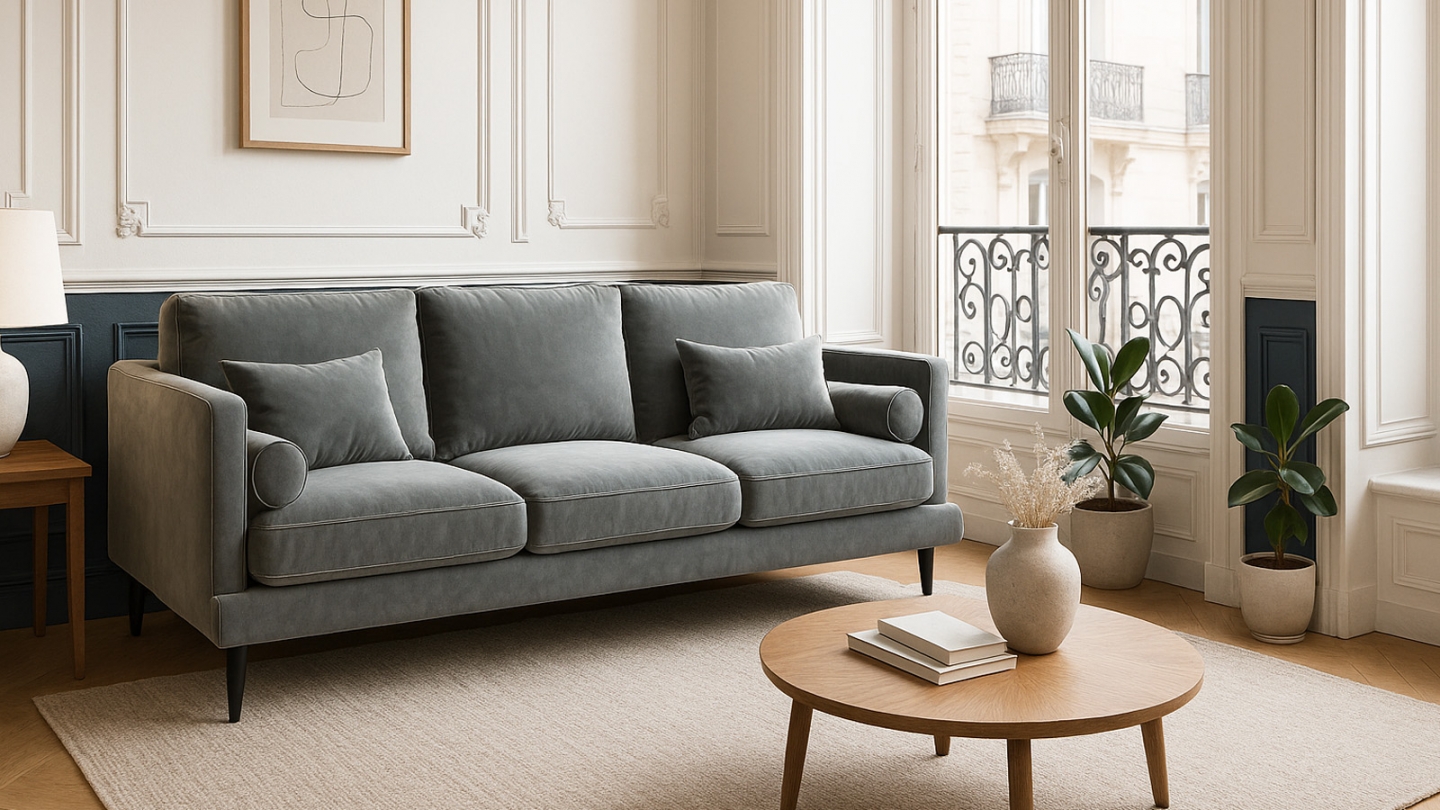 Canapé fixe 3 places en velours gris anthracite - Collection Naelle - Cacharel