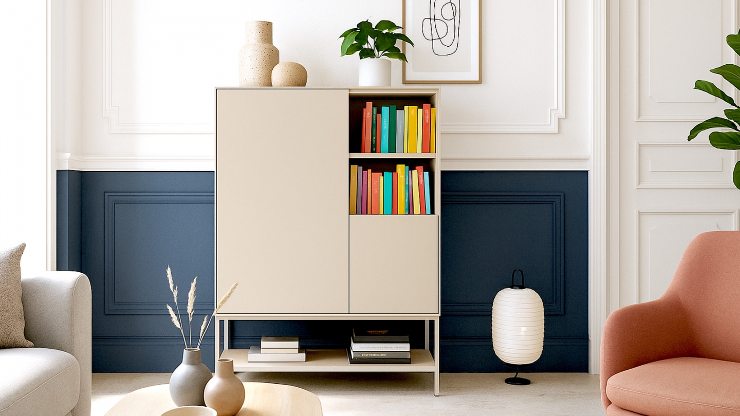 Buffet haut 2 portes 2 niches beige 90 cm - Zara Buffet haut 2 portes 2 niches beige 90 cm - Zara