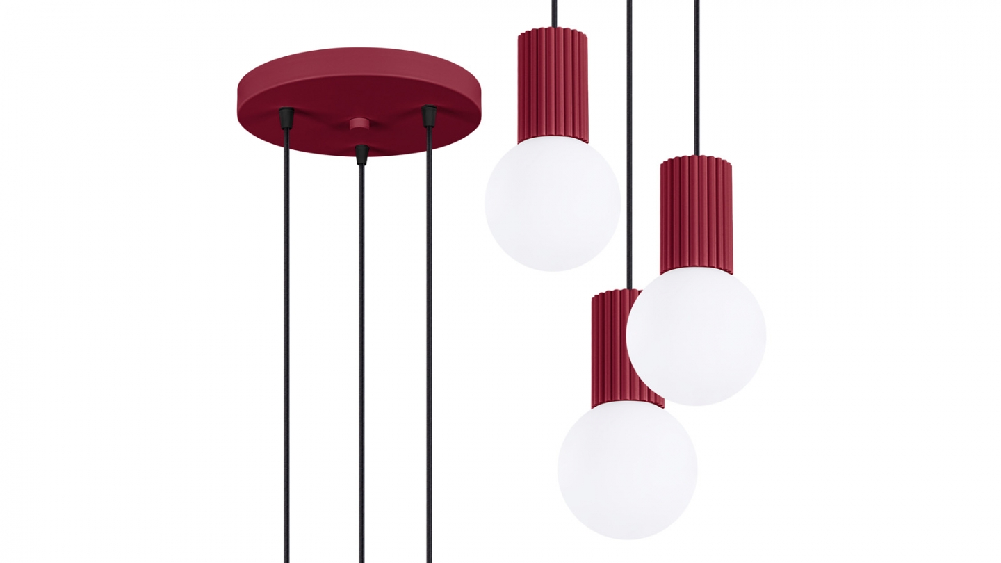 Suspension en aluminium cannelé 3 ampoules bordeaux - Halo